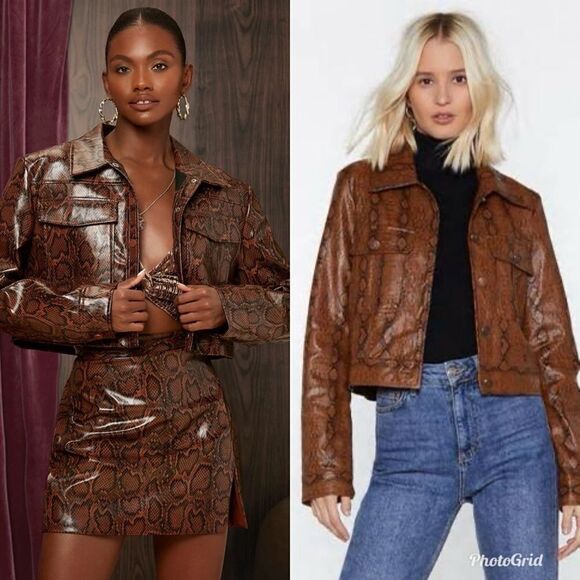 Nasty Gal Brown Snake Python Print Vegan Leather Cropped Jacket - Picture 1 of 8